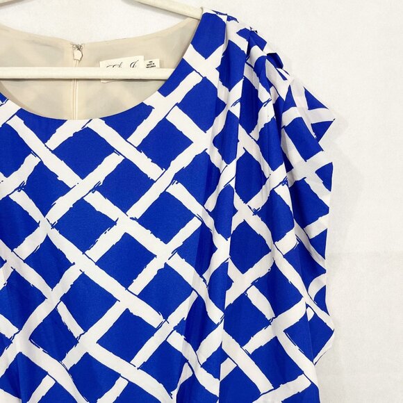 Eliza J Blue Trellis Print Pleated Dress Pockets Business Cocktail Size 18W - Picture 3 of 9